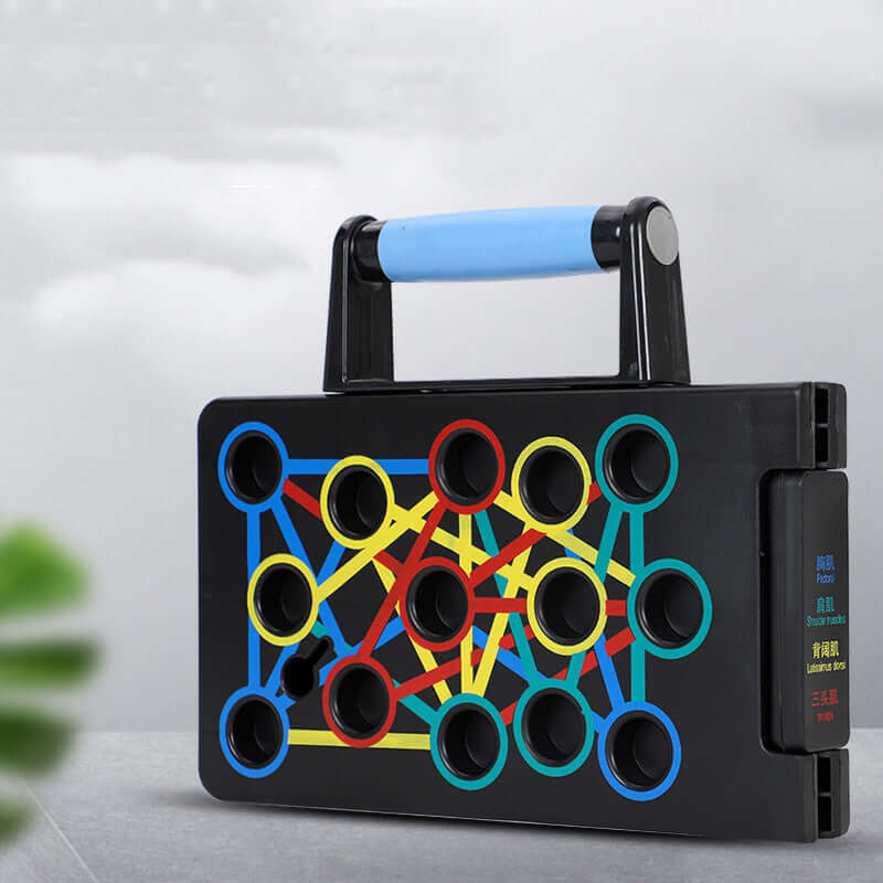 Foldable push-up board in black and blue with marked handle positions