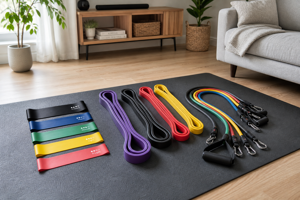 Mini loop bands, long loop bands, and tube bands with handles arranged on a floor mat in a home workout space.